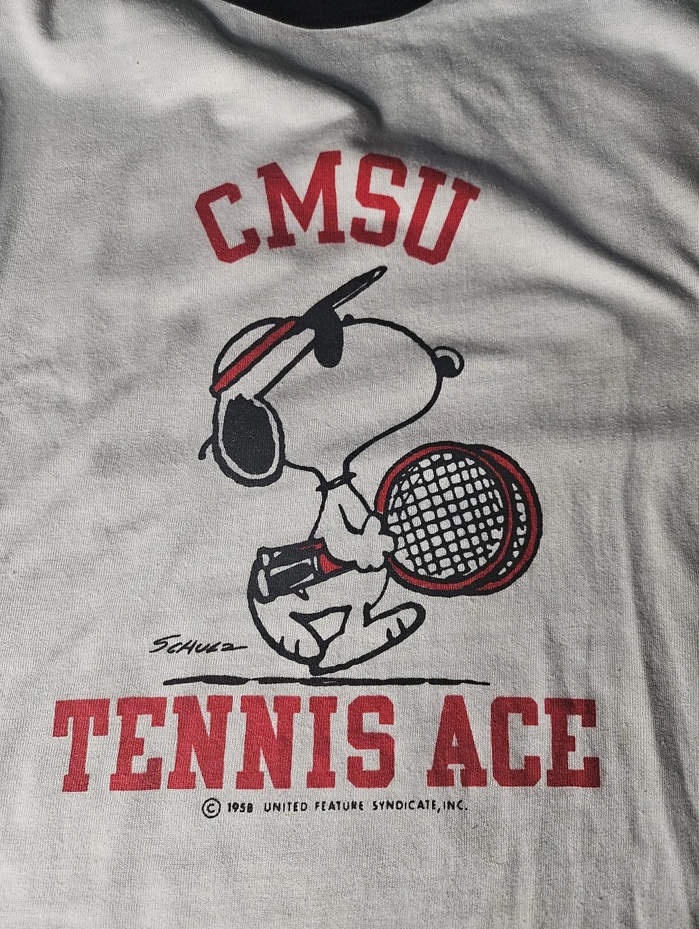 Champion White Ringer Tee with Red CMSU Peanuts Snoopy Tennis Ace Graphic - Picture 4 of 4